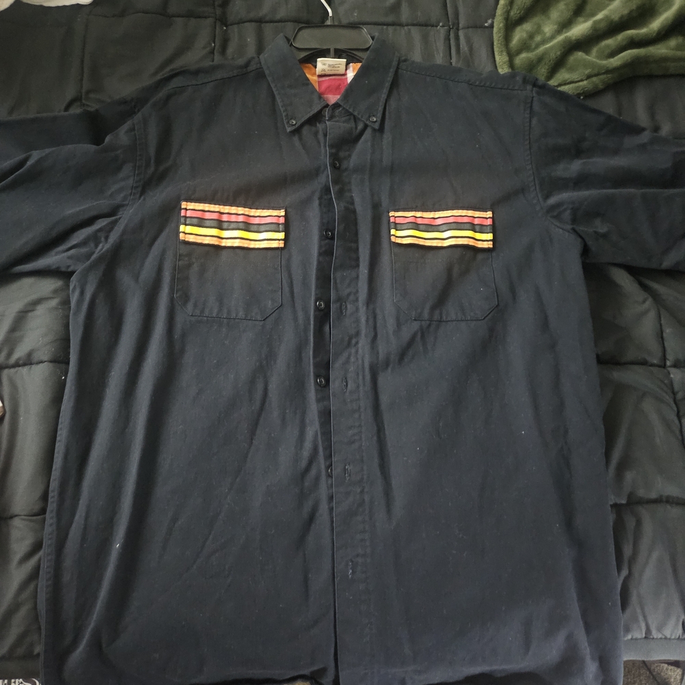Black Shirt with Multicolor Pocket Stripes